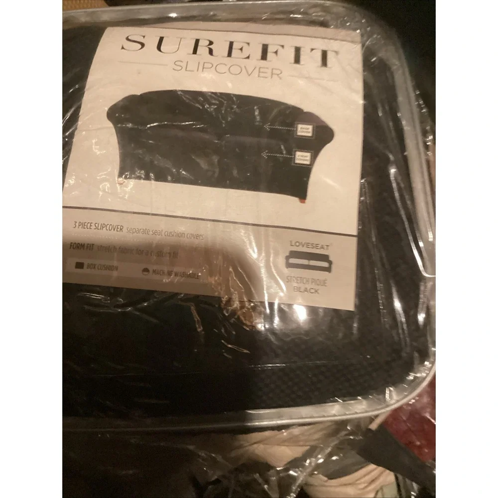 SureFit Stretch Pique 3 Piece Loveseat Slipcover Black NWT